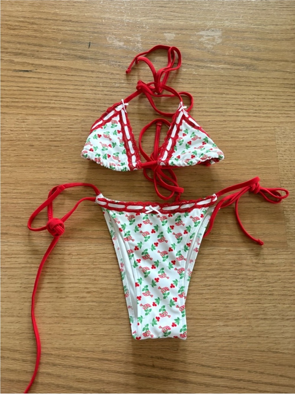 Frankie's Bikinis Red Cherry Print Triangle Bikini